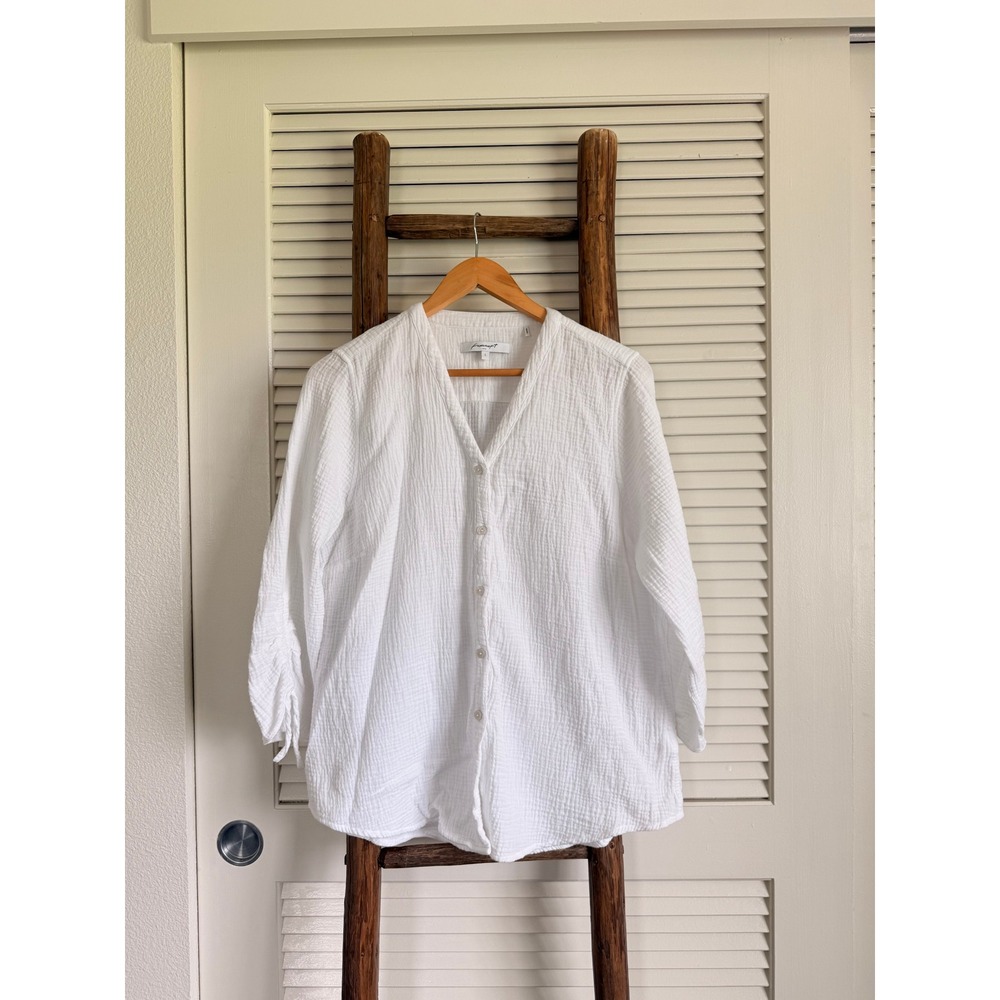 Foxcroft  Button Down Top L White Cotton Gauze Ruched Tie Sleeve Blouse